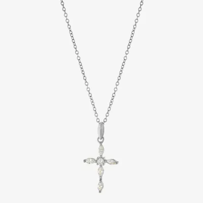 Silver Treasures Womens Cubic Zirconia Sterling Silver Cross 18 Inch Pendant Necklace