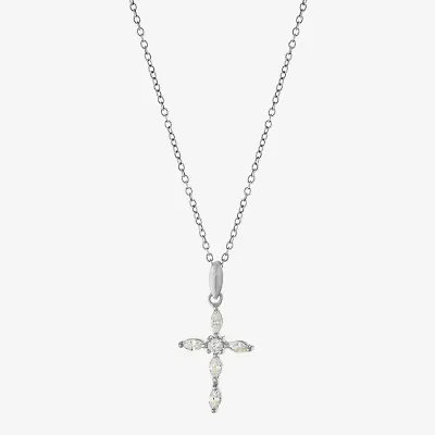 Silver Treasures Womens Cubic Zirconia Sterling Silver Cross 18 Inch Pendant Necklace