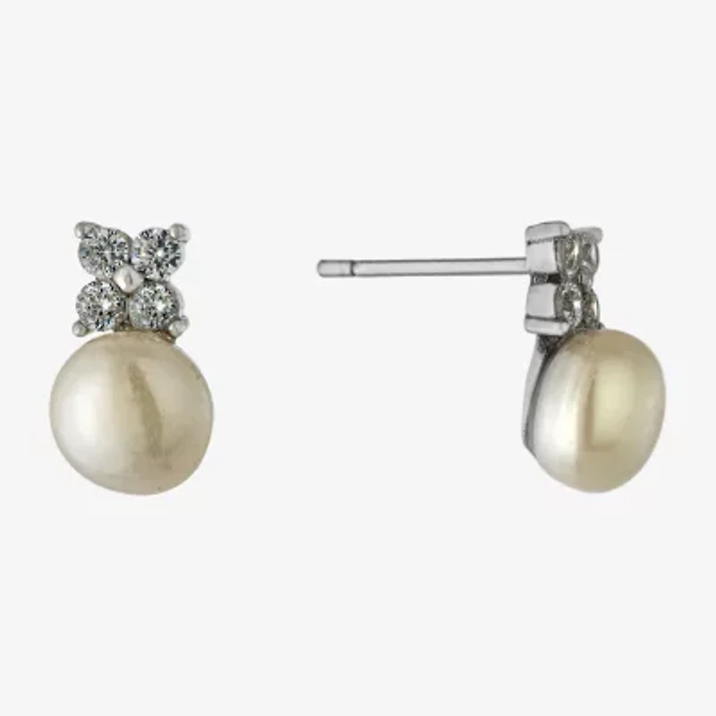 Silver Treasures White Simulated Pearl Sterling Silver 10.7mm Flower Stud Earrings
