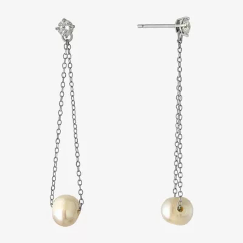 Silver Treasures Womens White Simulated Pearl Sterling Silver Drop Earrings