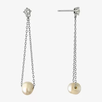 Silver Treasures Womens White Simulated Pearl Sterling Silver Drop Earrings