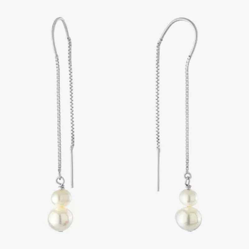 Silver Treasures Womens White Simulated Pearl Sterling Silver Moon Drop Earrings