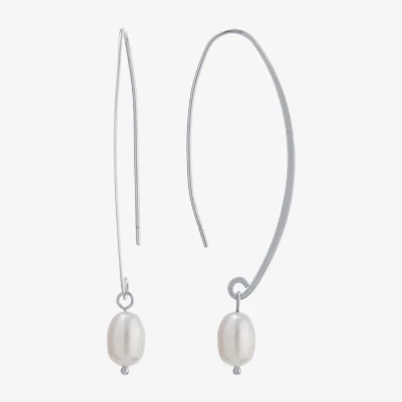 Silver Treasures Womens White Simulated Pearl Sterling Silver Drop Earrings
