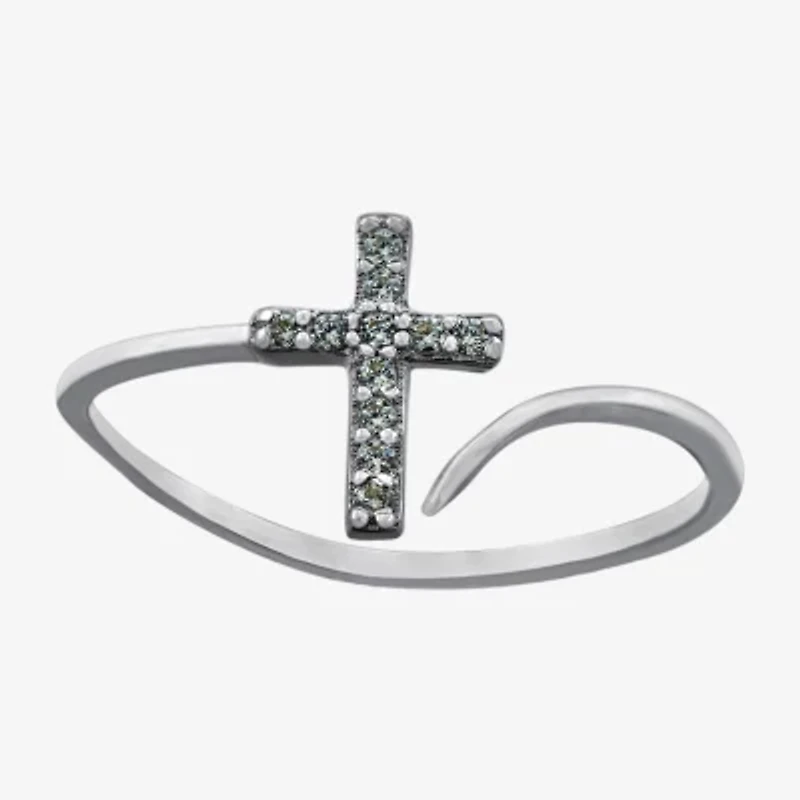 Silver Treasures Womens Cubic Zirconia Sterling Cross Bypass  Band