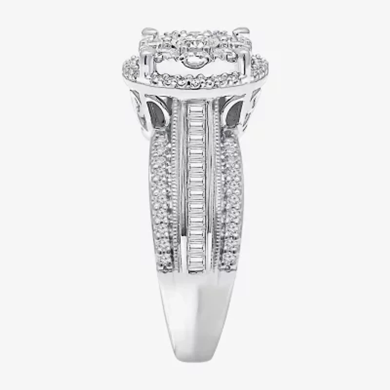 Womens 1 CT. T.W. Natural White Diamond 10K Gold Round Side Stone Halo Engagement Ring