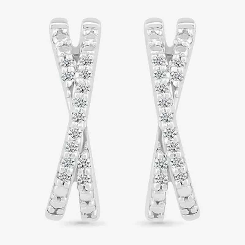 Crossover C-Hoop Womens 1/10 CT. T.W. Natural White Diamond Sterling Silver 14mm Hoop Earrings