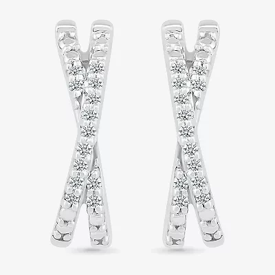 Crossover C-Hoop Womens 1/10 CT. T.W. Natural White Diamond Sterling Silver 14mm Hoop Earrings