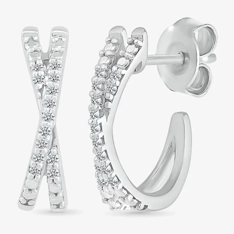 Crossover C-Hoop Womens 1/10 CT. T.W. Natural White Diamond Sterling Silver 14mm Hoop Earrings