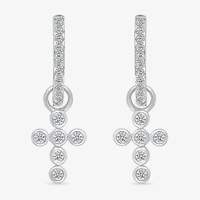 Womens 1/5 CT. Natural White Diamond Sterling Silver 28mm Cross Hoop Earrings