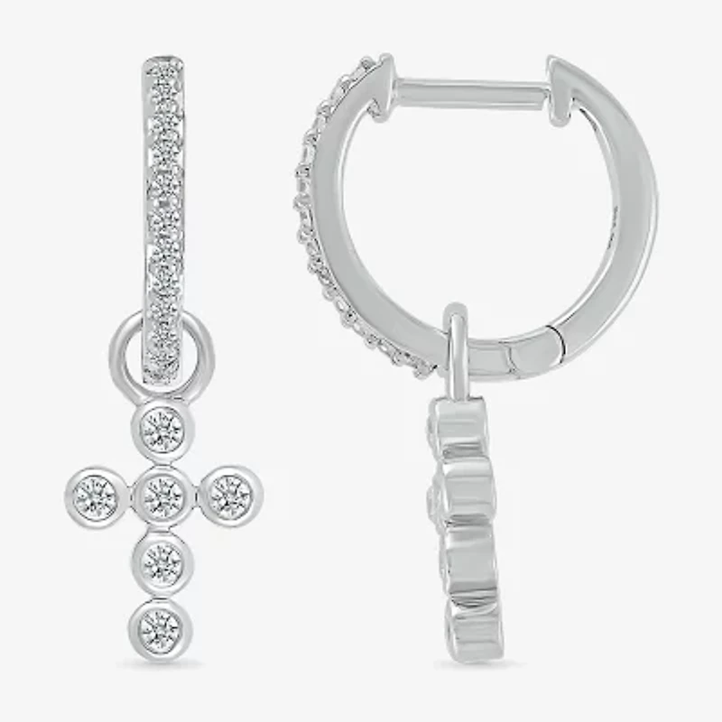 Womens 1/5 CT. Natural White Diamond Sterling Silver 28mm Cross Hoop Earrings
