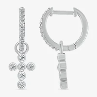 Womens 1/5 CT. Natural White Diamond Sterling Silver 28mm Cross Hoop Earrings