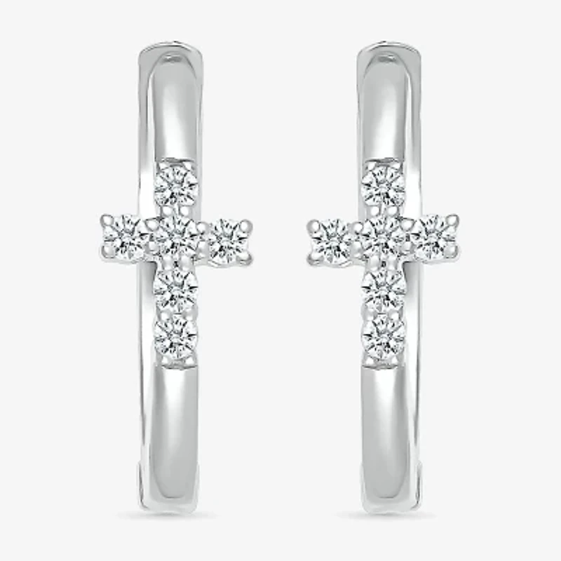 Womens 1/8 CT. T.W. Natural White Diamond Sterling Silver 15.8mm Cross Hoop Earrings