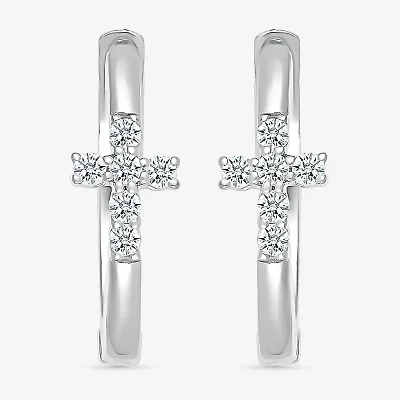 Womens 1/8 CT. T.W. Natural White Diamond Sterling Silver 15.8mm Cross Hoop Earrings