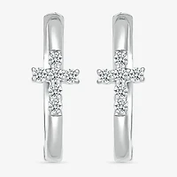 Womens 1/8 CT. T.W. Natural White Diamond Sterling Silver 15.8mm Cross Hoop Earrings