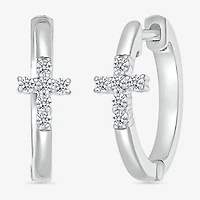 Womens 1/8 CT. T.W. Natural White Diamond Sterling Silver 15.8mm Cross Hoop Earrings