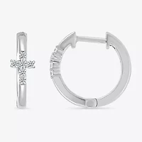 Womens 1/8 CT. T.W. Natural White Diamond Sterling Silver 15.8mm Cross Hoop Earrings