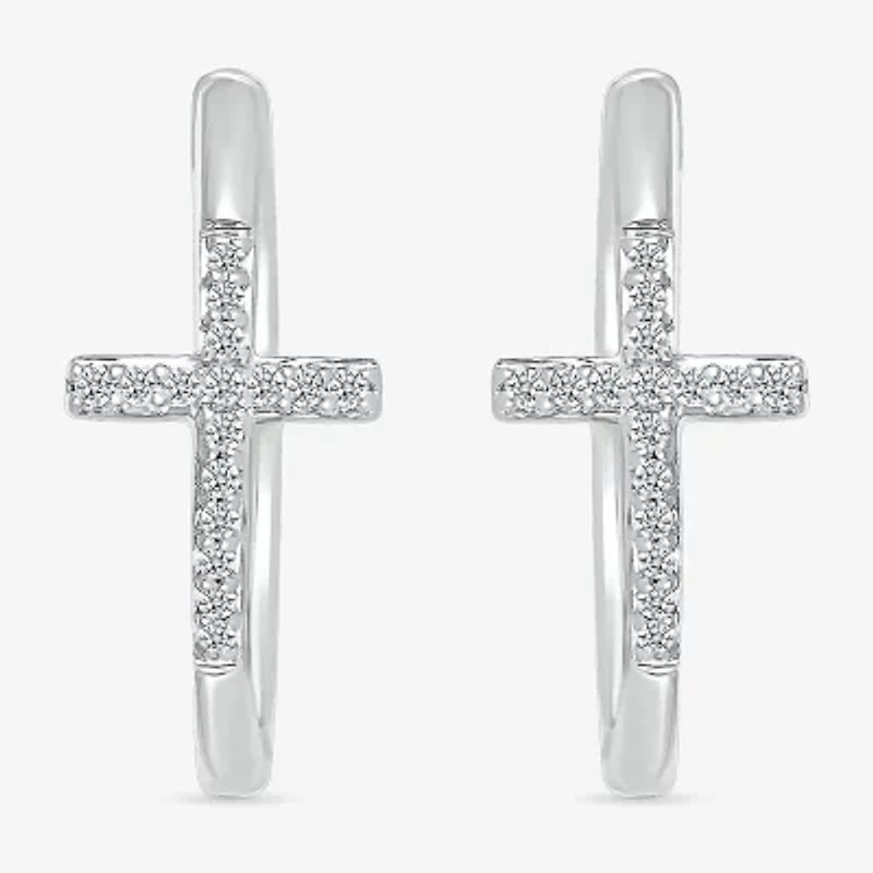Womens 1/6 CT. T.W. Natural White Diamond Sterling Silver 20.3mm Cross Hoop Earrings