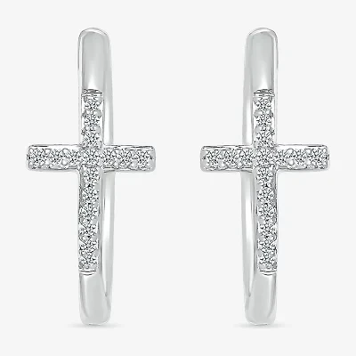 Womens 1/6 CT. T.W. Natural White Diamond Sterling Silver 20.3mm Cross Hoop Earrings