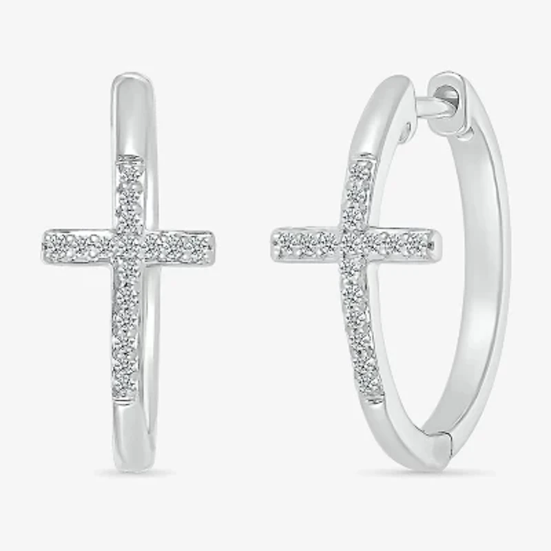 Womens 1/6 CT. T.W. Natural White Diamond Sterling Silver 20.3mm Cross Hoop Earrings