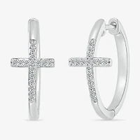 Womens 1/6 CT. T.W. Natural White Diamond Sterling Silver 20.3mm Cross Hoop Earrings