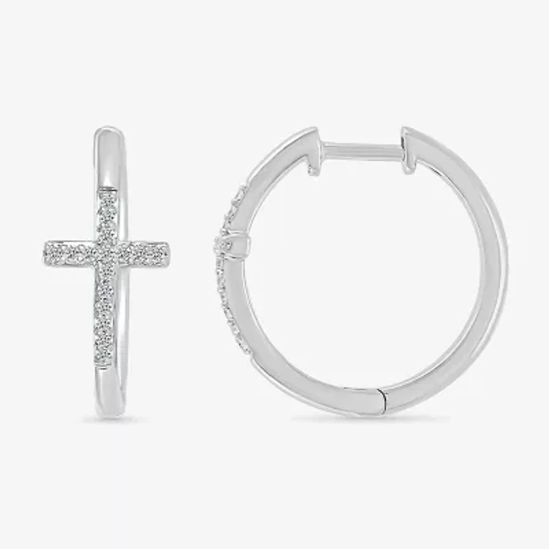 Womens 1/6 CT. T.W. Natural White Diamond Sterling Silver 20.3mm Cross Hoop Earrings