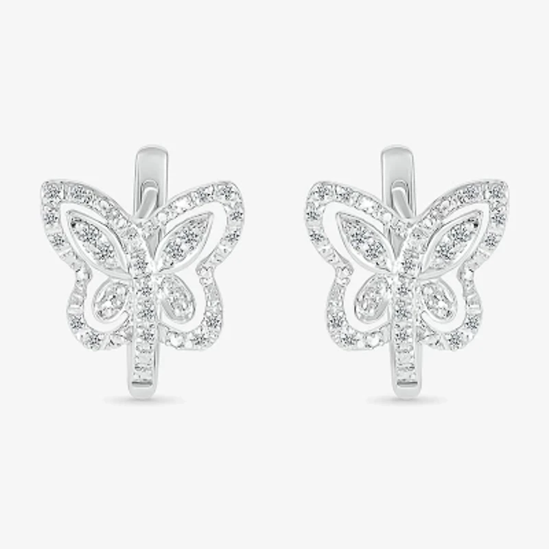 Womens 1/6 CT. T.W. Natural White Diamond Sterling Silver 10.7mm Butterfly Hoop Earrings