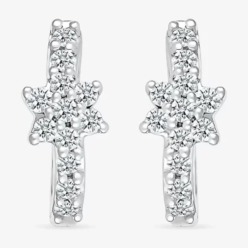Womens 1/4 CT. T.W. Natural White Diamond Sterling Silver 12.3mm Flower Hoop Earrings