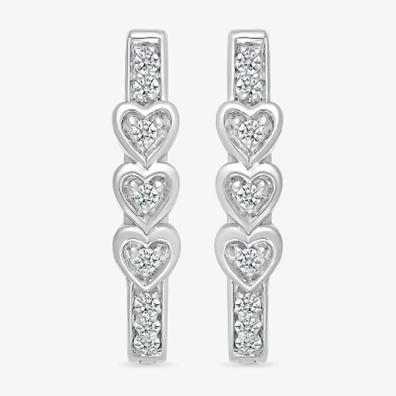 Womens 1/8 CT. T.W. Natural White Diamond Sterling Silver 17mm Heart Hoop Earrings