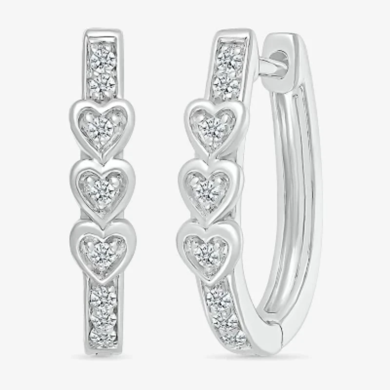 Womens 1/8 CT. T.W. Natural White Diamond Sterling Silver 17mm Heart Hoop Earrings