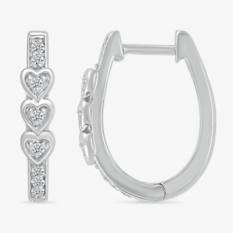 Womens 1/8 CT. T.W. Natural White Diamond Sterling Silver 17mm Heart Hoop Earrings