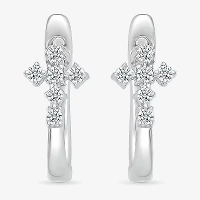 Womens 1/6 CT. T.W. Natural White Diamond Sterling Silver 15.5mm Cross Hoop Earrings