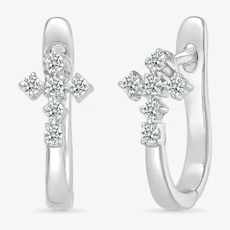 Womens 1/6 CT. T.W. Natural White Diamond Sterling Silver 15.5mm Cross Hoop Earrings