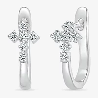 Womens 1/6 CT. T.W. Natural White Diamond Sterling Silver 15.5mm Cross Hoop Earrings