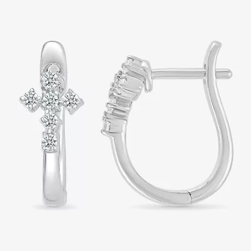 Womens 1/6 CT. T.W. Natural White Diamond Sterling Silver 15.5mm Cross Hoop Earrings