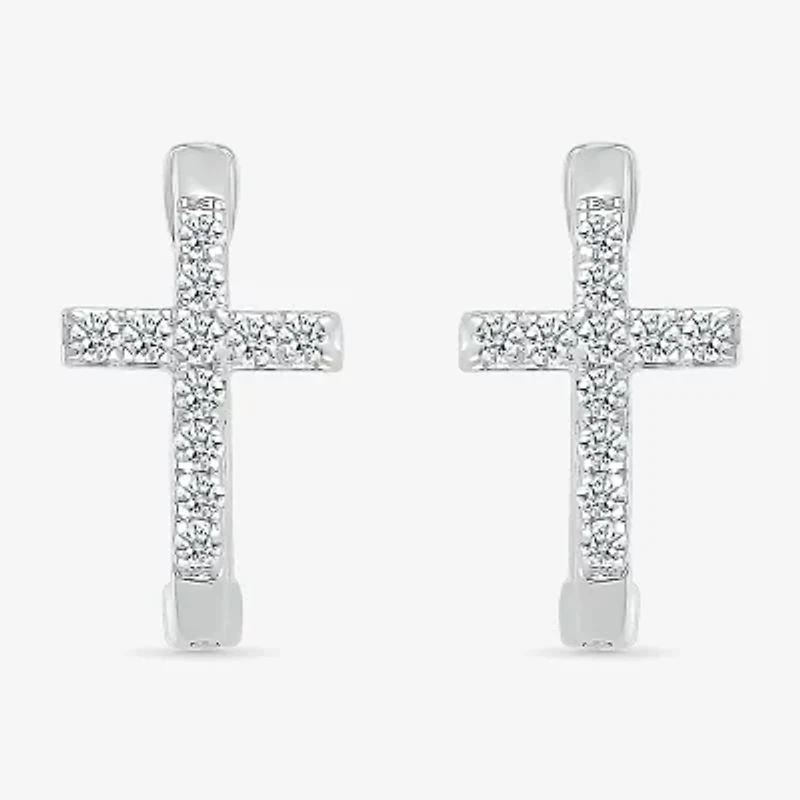 Womens 1/5 CT. Natural White Diamond Sterling Silver 14.3mm Cross Hoop Earrings