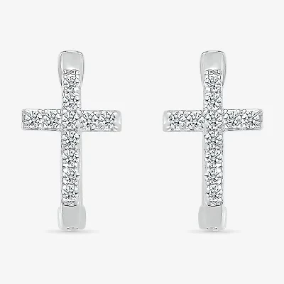 Womens 1/5 CT. Natural White Diamond Sterling Silver 14.3mm Cross Hoop Earrings