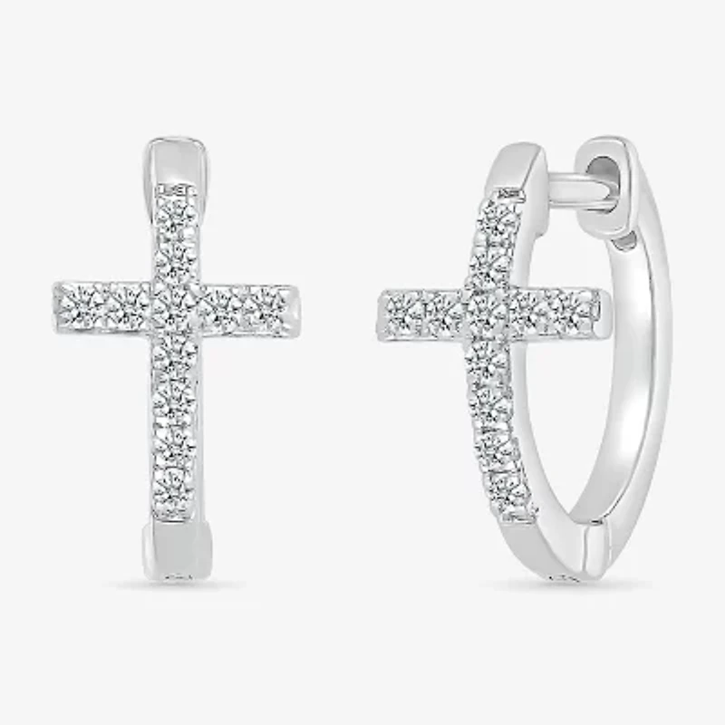 Womens 1/5 CT. Natural White Diamond Sterling Silver 14.3mm Cross Hoop Earrings