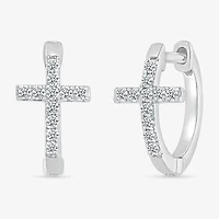 Womens 1/5 CT. Natural White Diamond Sterling Silver 14.3mm Cross Hoop Earrings