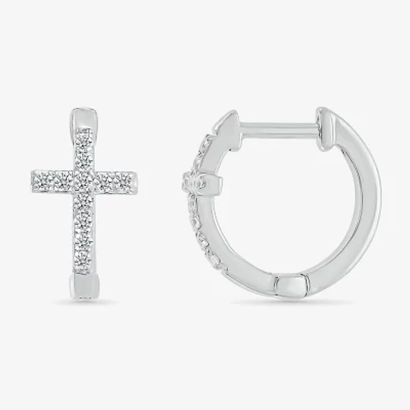 Womens 1/5 CT. Natural White Diamond Sterling Silver 14.3mm Cross Hoop Earrings
