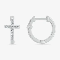Womens 1/5 CT. Natural White Diamond Sterling Silver 14.3mm Cross Hoop Earrings