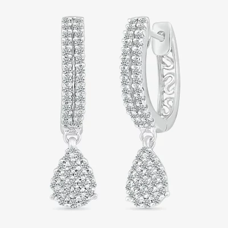 Womens 1/2 CT. T.W. Natural White Diamond Sterling Silver 22.4mm Pear Hoop Earrings