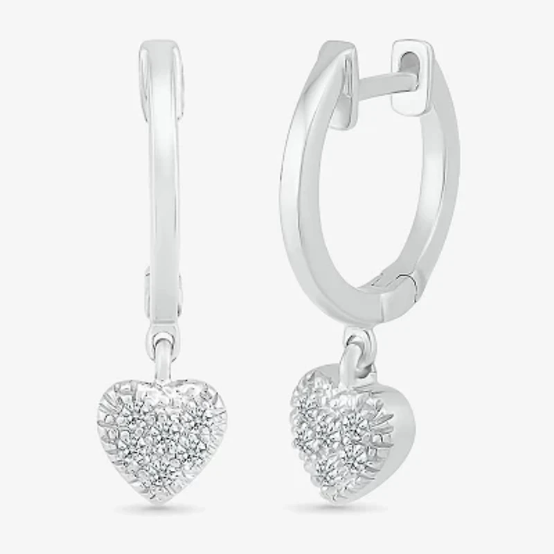 Womens 1/8 CT. T.W. Natural White Diamond Sterling Silver 21.9mm Heart Hoop Earrings