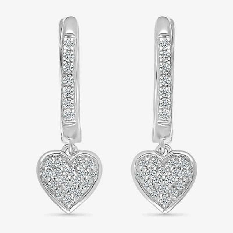 Womens 1/5 CT. Natural White Diamond Sterling Silver 20.1mm Heart Hoop Earrings