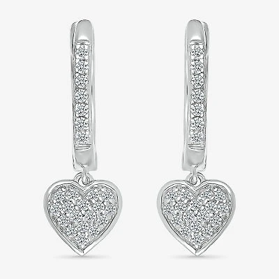 Womens 1/5 CT. Natural White Diamond Sterling Silver 20.1mm Heart Hoop Earrings
