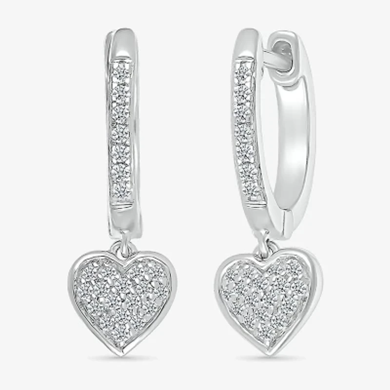 Womens 1/5 CT. Natural White Diamond Sterling Silver 20.1mm Heart Hoop Earrings