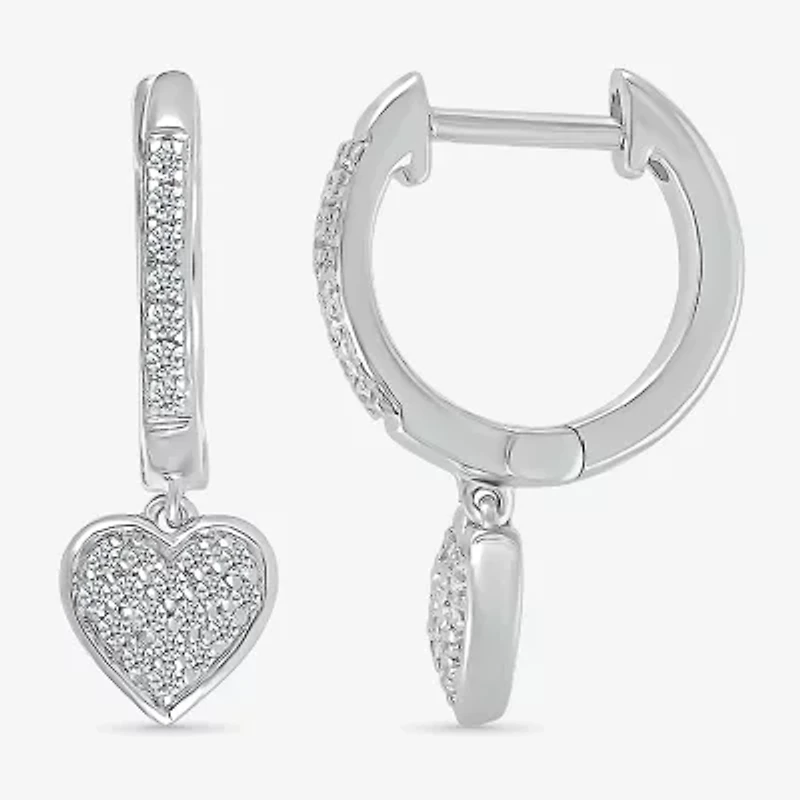 Womens 1/5 CT. Natural White Diamond Sterling Silver 20.1mm Heart Hoop Earrings