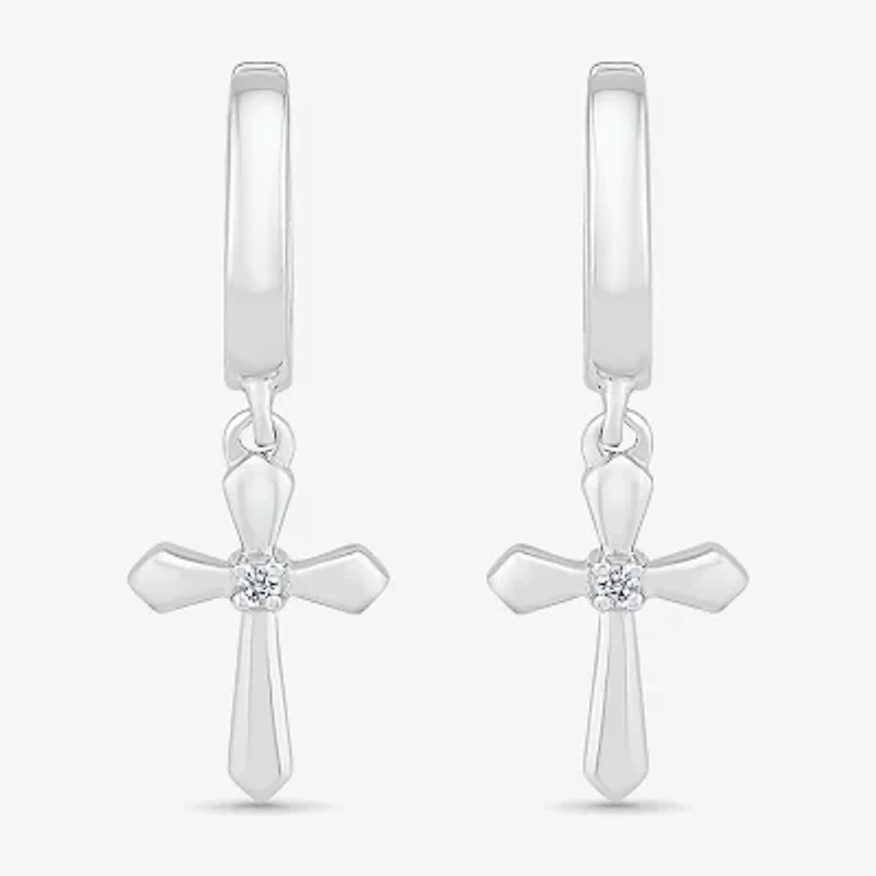 Womens Diamond Accent Natural White Diamond Sterling Silver 28mm Cross Hoop Earrings
