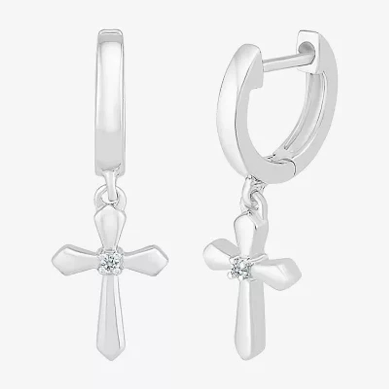 Womens Diamond Accent Natural White Diamond Sterling Silver 28mm Cross Hoop Earrings