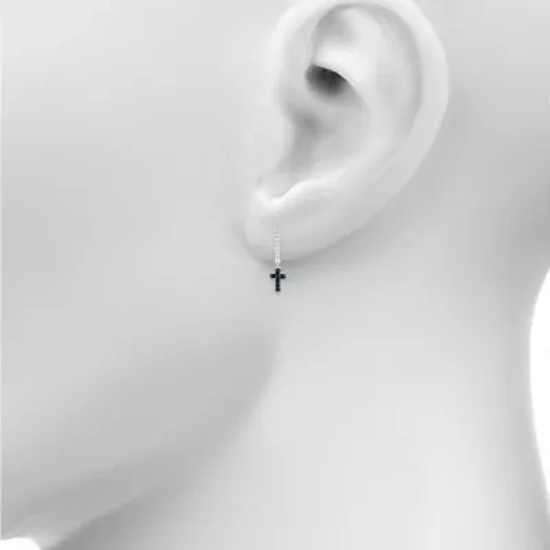 Womens 1/6 CT. T.W. Natural Black Diamond Sterling Silver 24mm Cross Hoop Earrings
