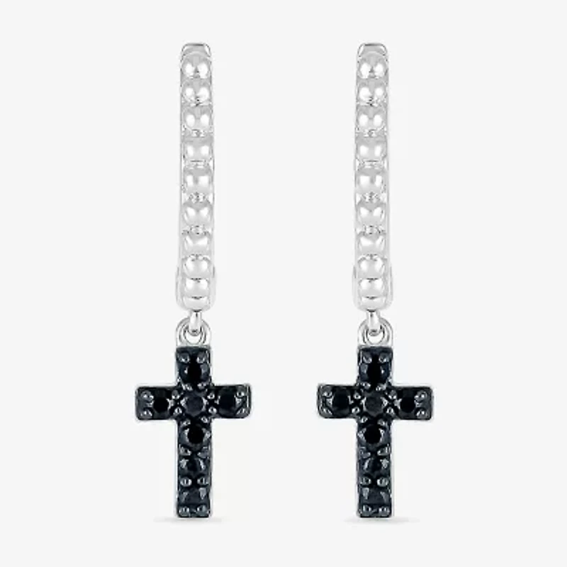 Womens 1/6 CT. T.W. Natural Black Diamond Sterling Silver 24mm Cross Hoop Earrings